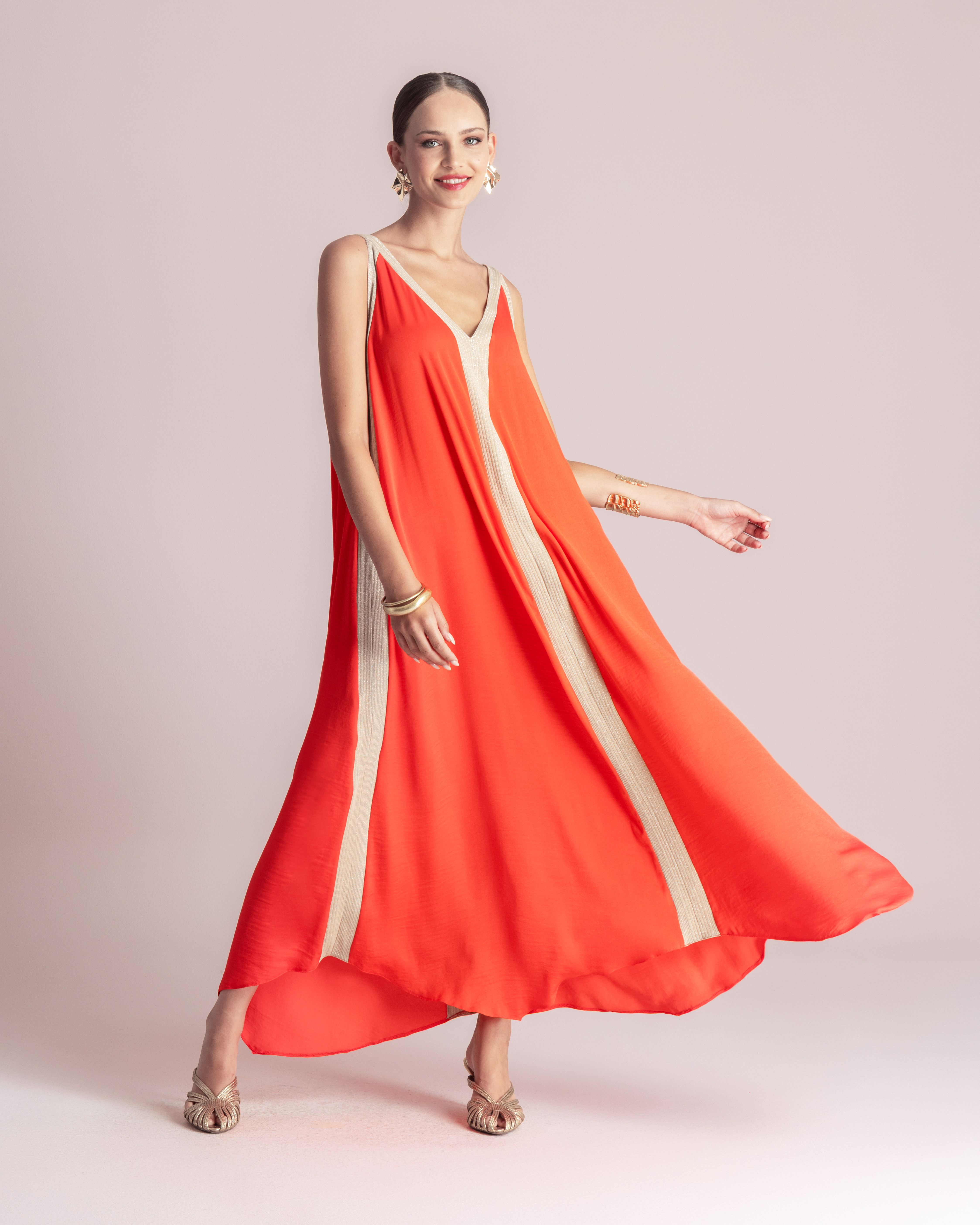 Κοραλί φόρεμα με lurex λεπτομέρειες MOUTD015S/M